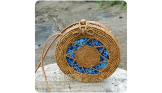 blue fabric rattan round circles sling bags motif handwoven